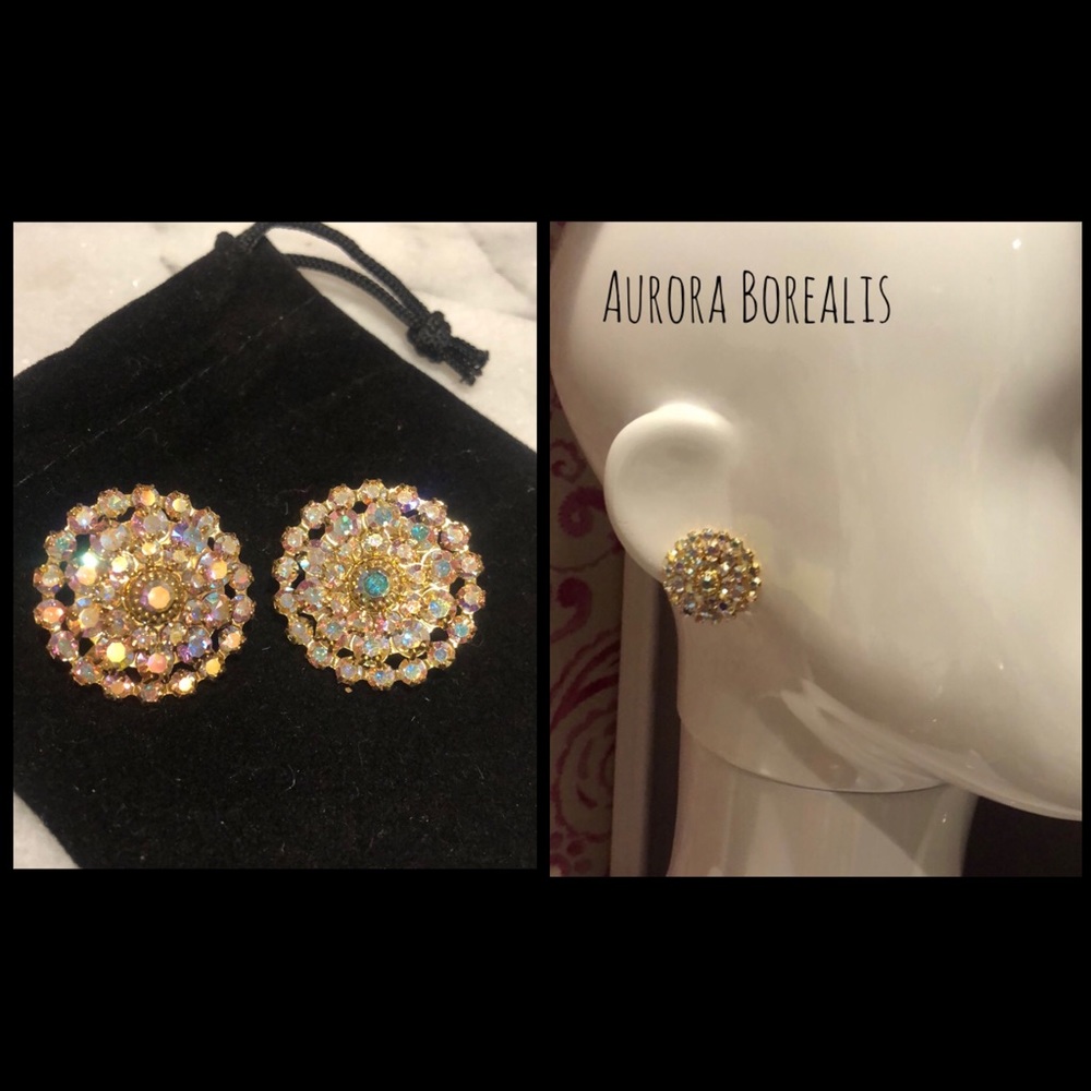 Aurora Borealis Crystal 3/4” Button Earrings,NWT